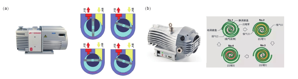 圖1真空泵及其工作原理簡介。(a)油泵實物圖及其油泵工作原理圖。(b)干泵實物圖及其工作原理圖。